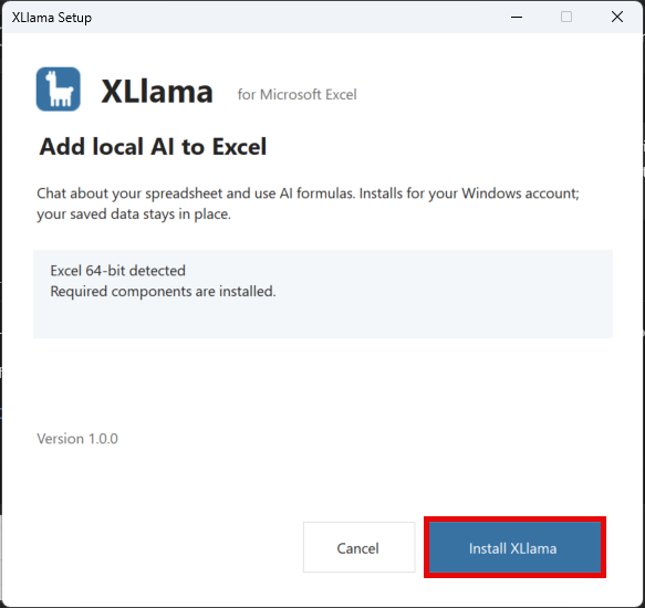 XLlama Setup detects Excel and checks required components before installation.