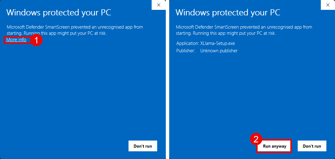 Windows warning: More info, then Run anyway for the downloaded XLlama installer.