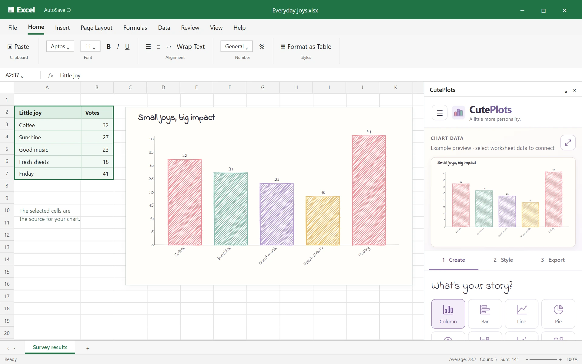 Select your data in Excel with CutePlots open beside your worksheet.