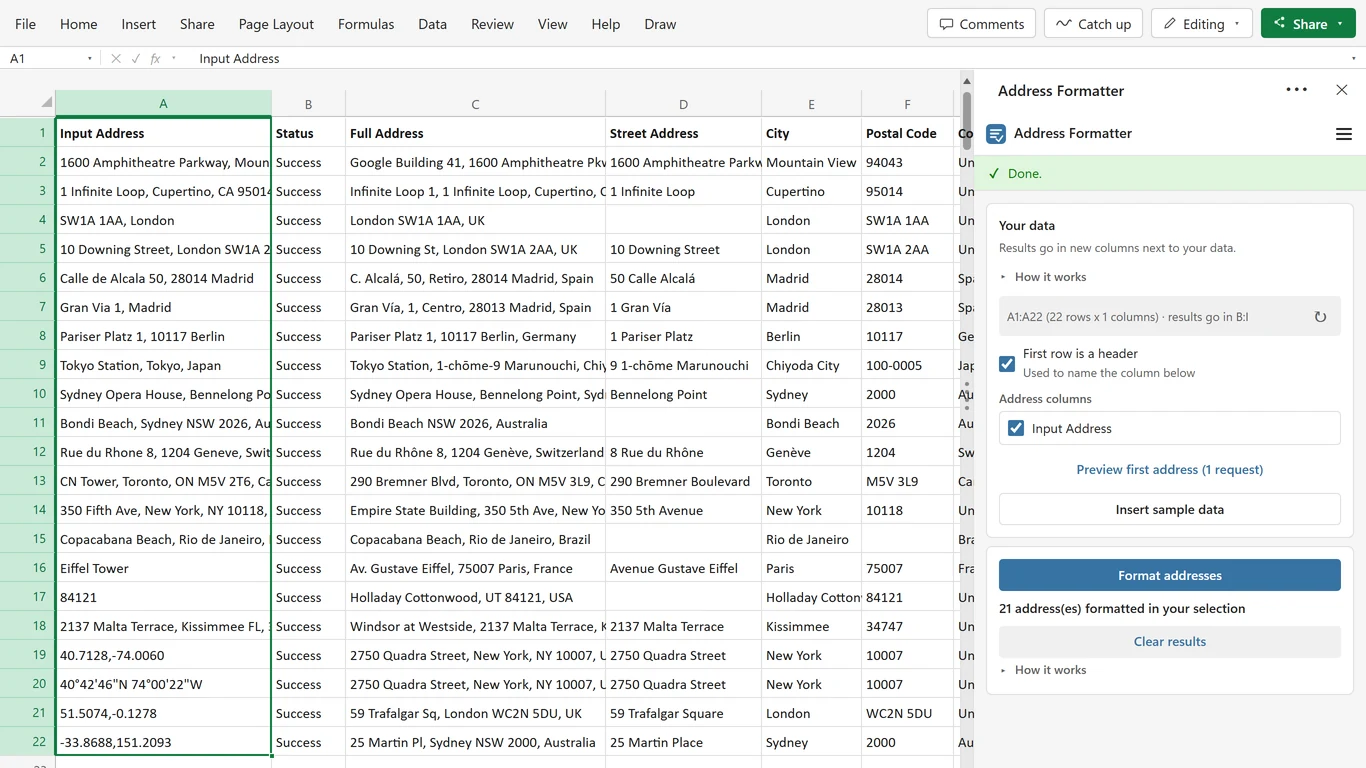 Excel with the Address Formatter pane open and clean address columns filled in next to a column of messy inputs