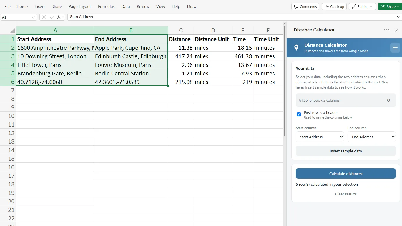 Excel with the Distance Calculator task pane open and distance and travel time columns filled in next to a list of addresses
