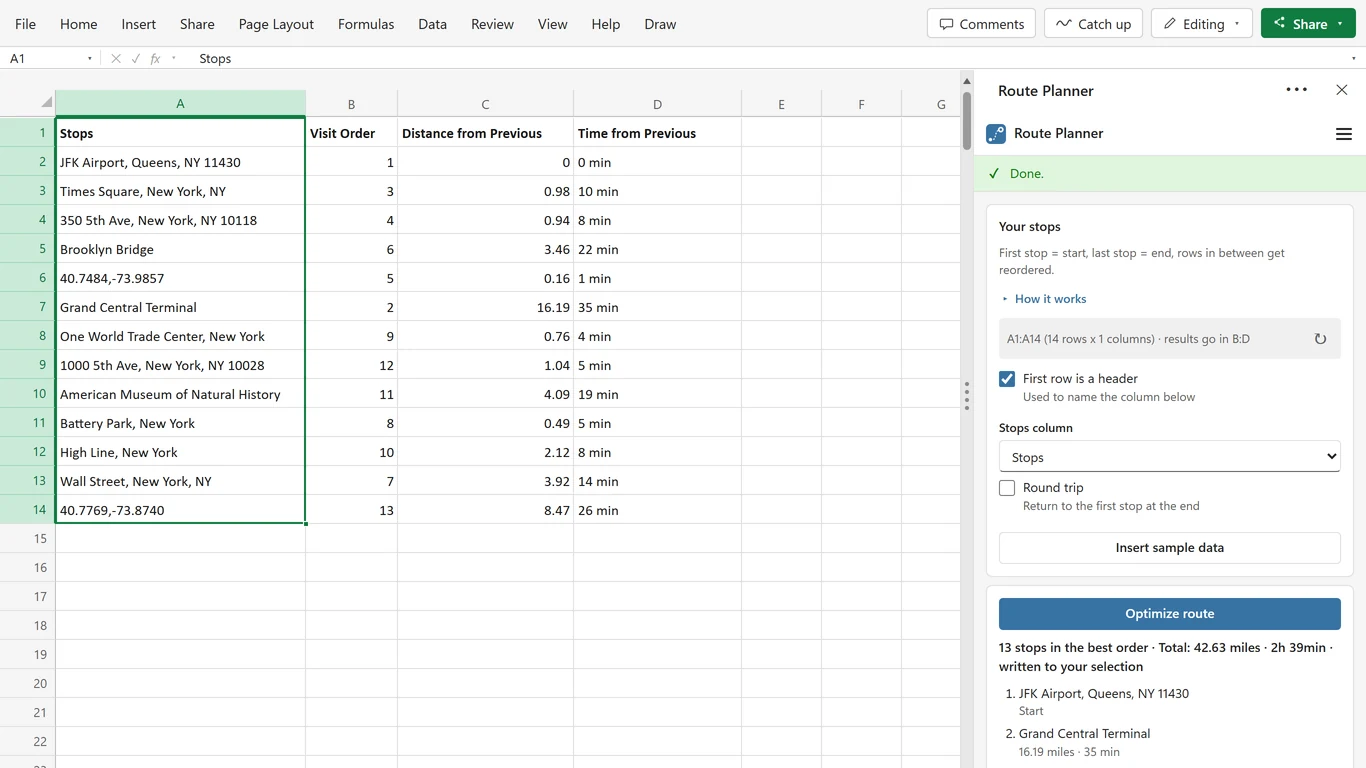 Excel with the Route Planner pane open, a column of stops and the visit order, distance and travel time columns filled in next to them
