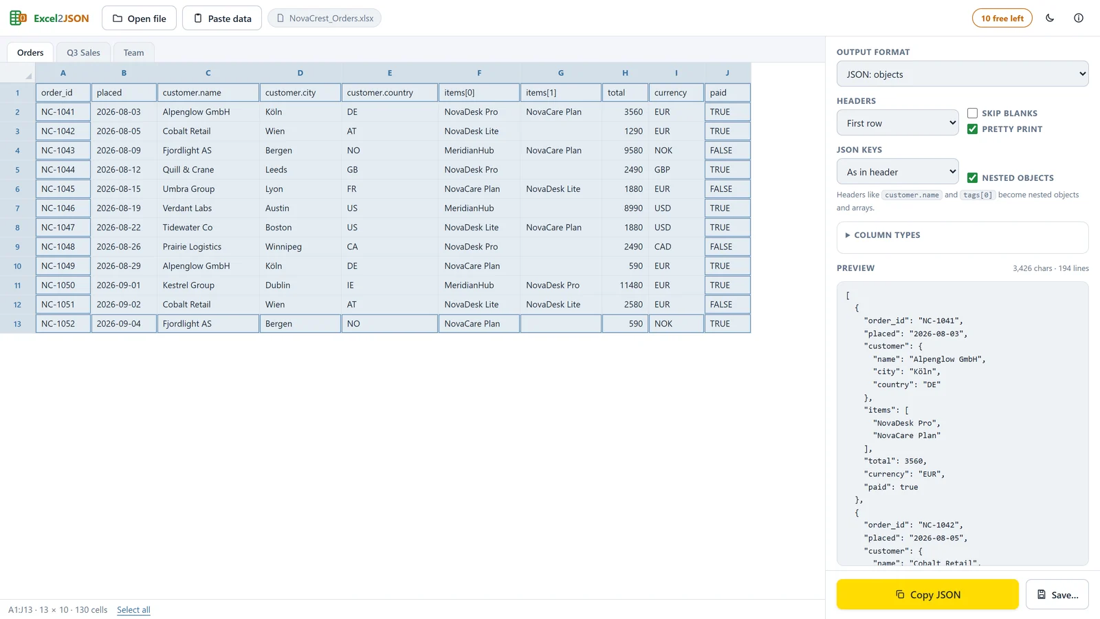 Excel2JSON for Windows: a spreadsheet on the left, the live nested JSON preview on the right