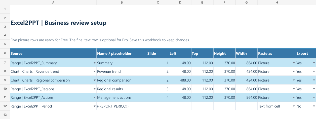 PPT Setup sheet with sources, slide numbers, positions and export types