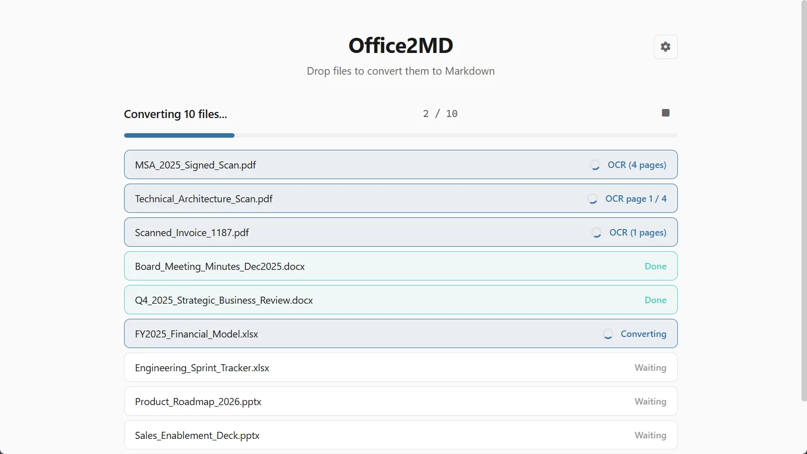 Office2MD converting ten files at once: three scanned PDFs being read with OCR, Word documents done, Excel converting, the rest waiting