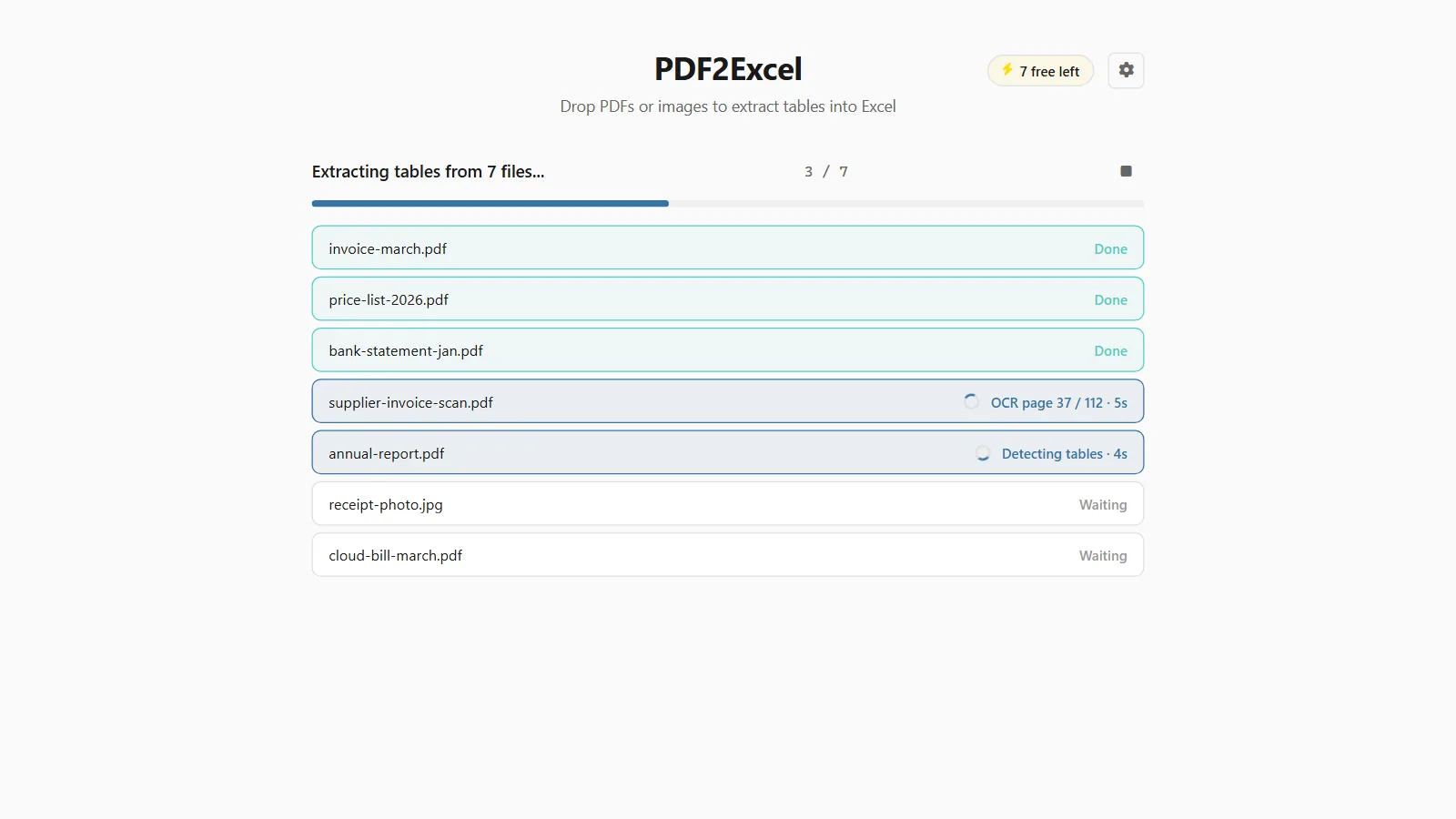 PDF2Excel extracting tables from seven files at once: invoices and statements already done, a scanned supplier invoice being read page by page