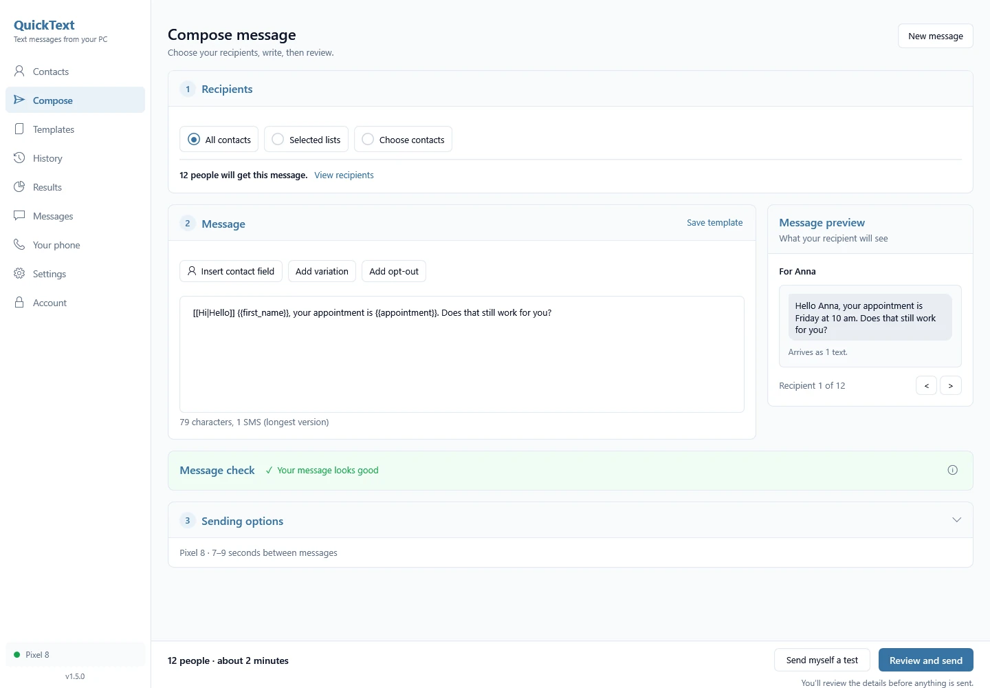 The QuickText Compose screen: a personalized message, the preview for one person, and the message check showing green