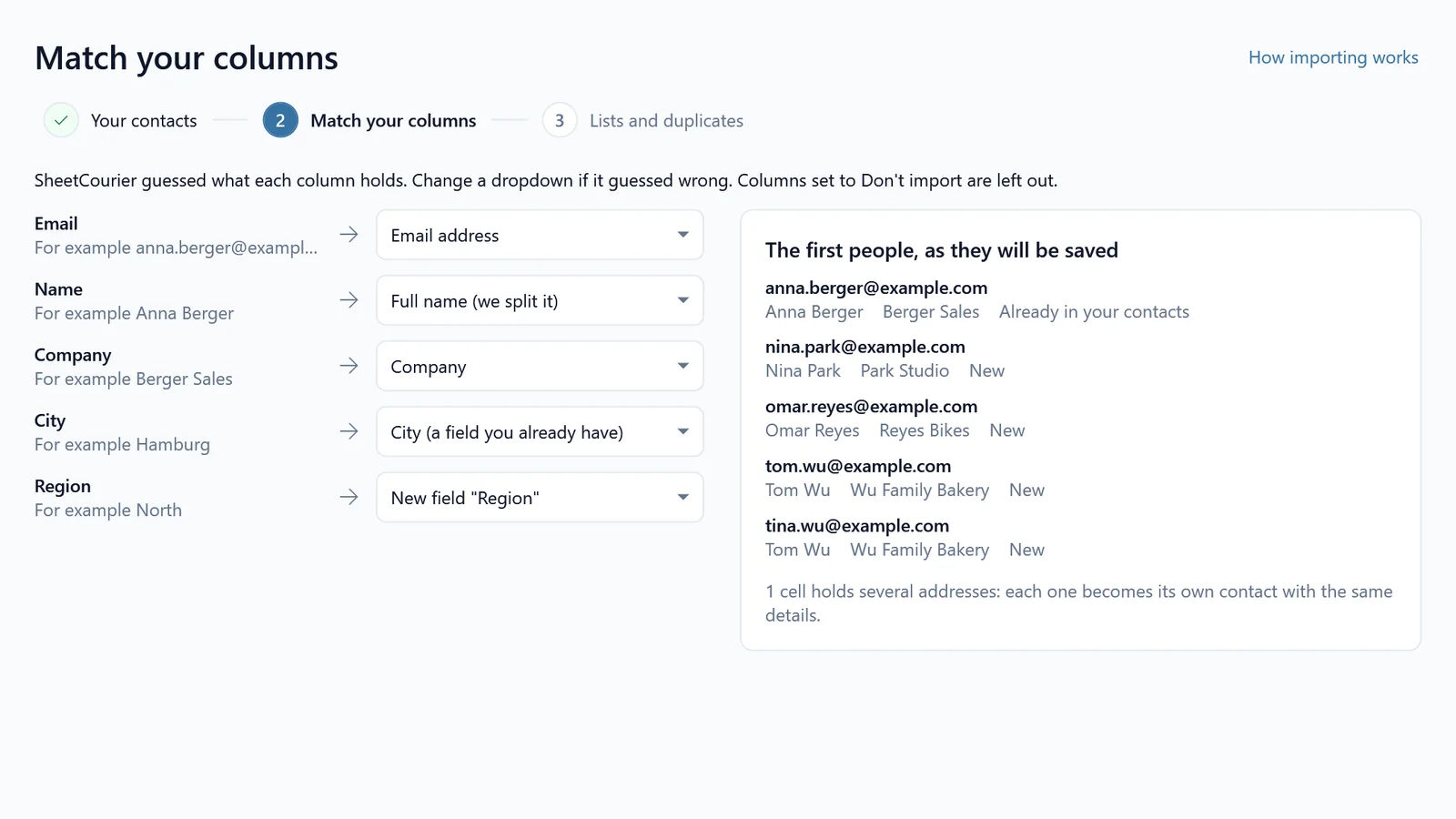 Importing contacts from a file: SheetCourier has matched each column to Email address, Full name, Company, an existing field and a new field Region, and shows the first people as they will be saved.