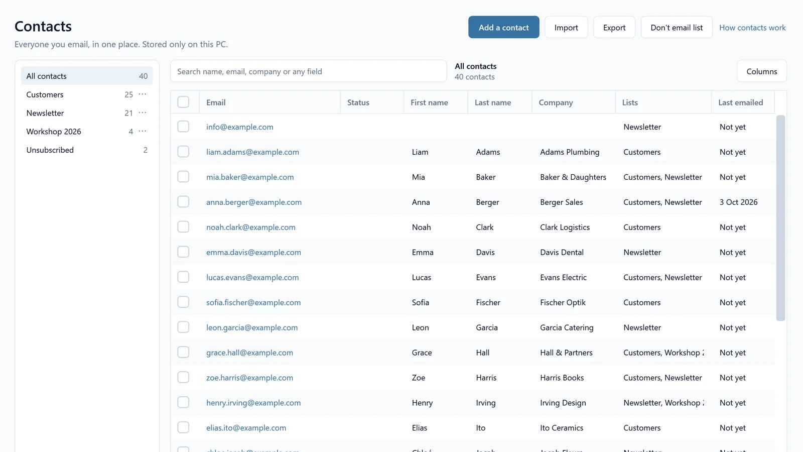 The SheetCourier Contacts page: lists such as Customers, Newsletter and Workshop 2026 with their counts, a search box, and the grid of contacts with their company, lists and when they were last emailed.