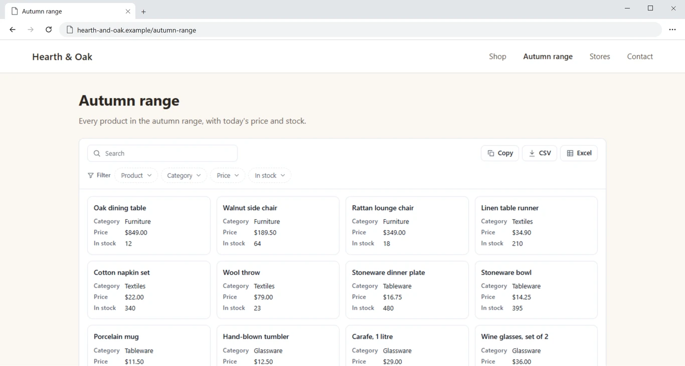 A TablePop page in the Cards layout, embedded in a sample shop website, with search, filters and one card per product