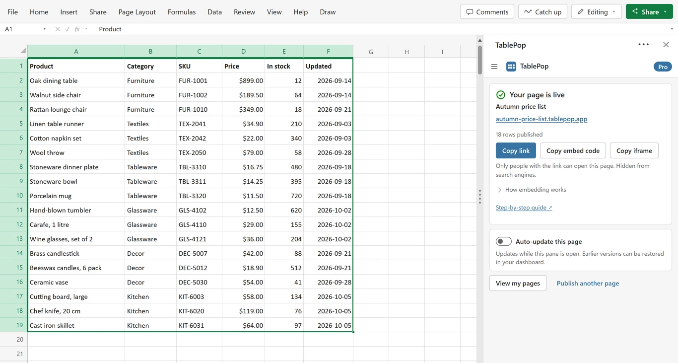 The TablePop pane after publishing: Your page is live, the address autumn-price-list.tablepop.app, Copy link, Copy embed code, Copy iframe and Auto-update this page