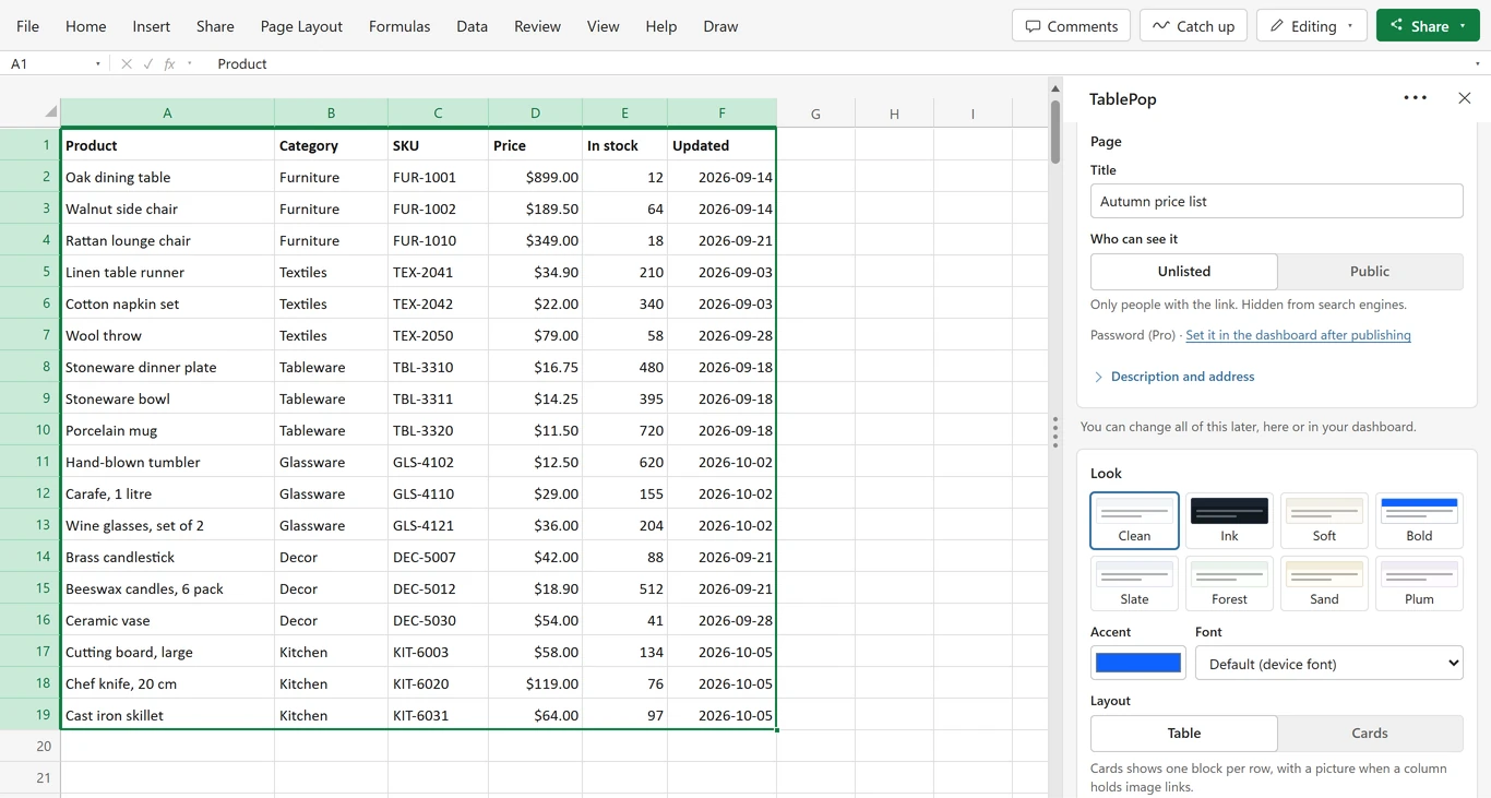 A price list selected in Excel with the TablePop pane open: page title, Who can see it set to Unlisted, eight themes, accent colour, font and the Table or Cards layout