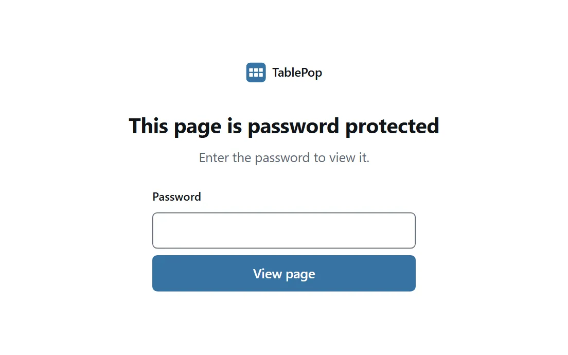 The TablePop lock screen: This page is password protected, a Password field and a View page button