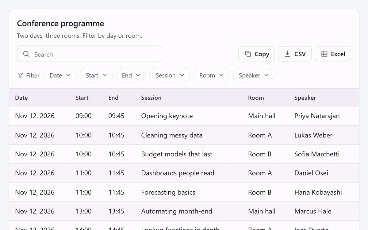 A TablePop page titled Conference programme with dates, start and end times, sessions, rooms and speakers