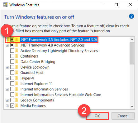Windows Features dialog with .NET Framework 3.5 ticked and the OK button highlighted