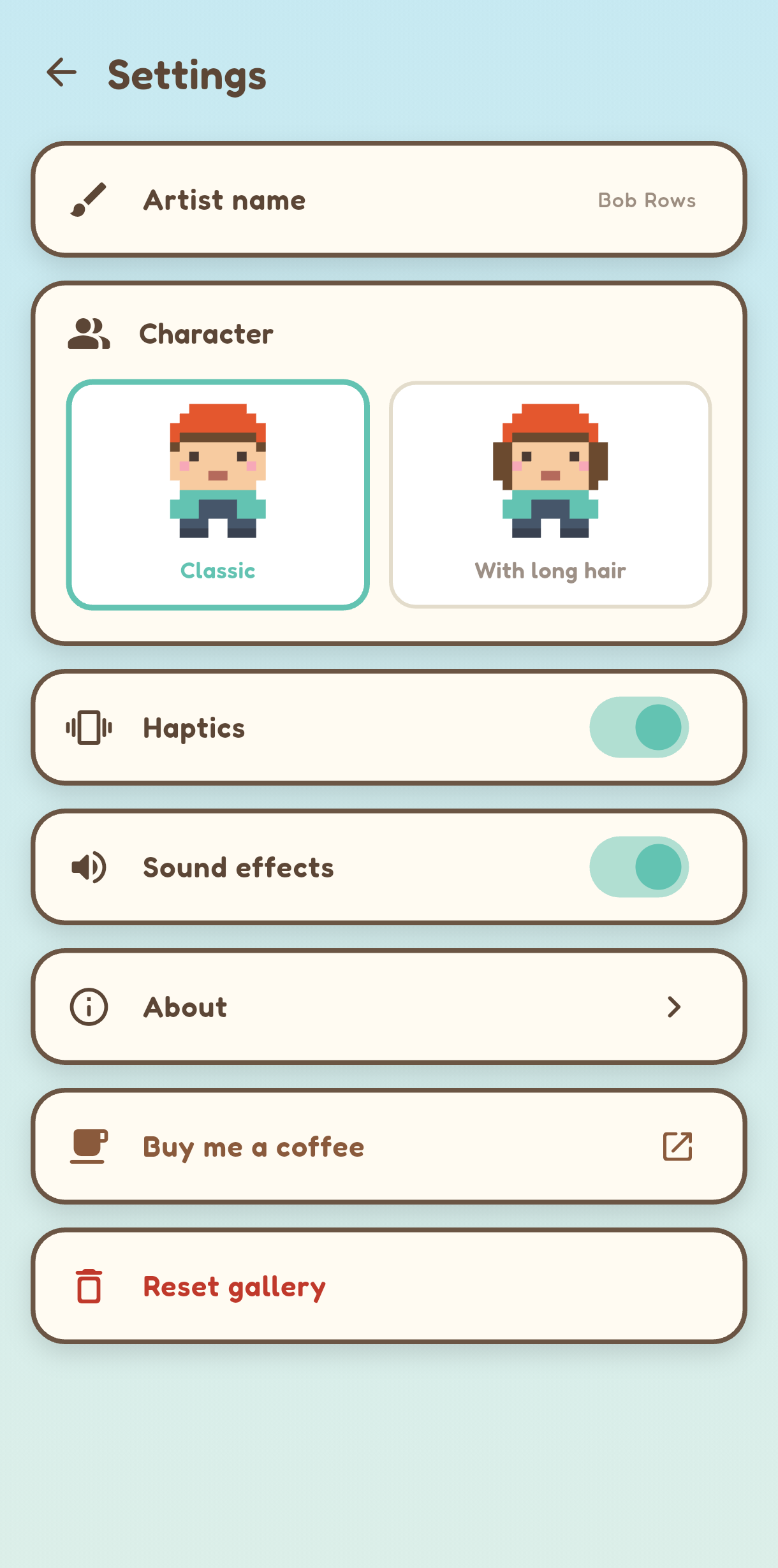 FocusCell settings: name your artist and pick a character