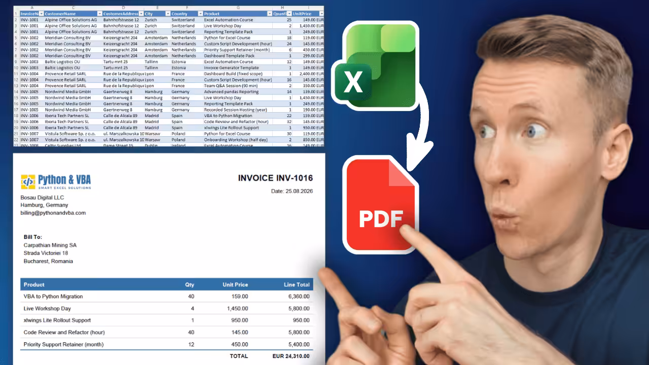 Man points at Excel-to-PDF invoice conversion graphic