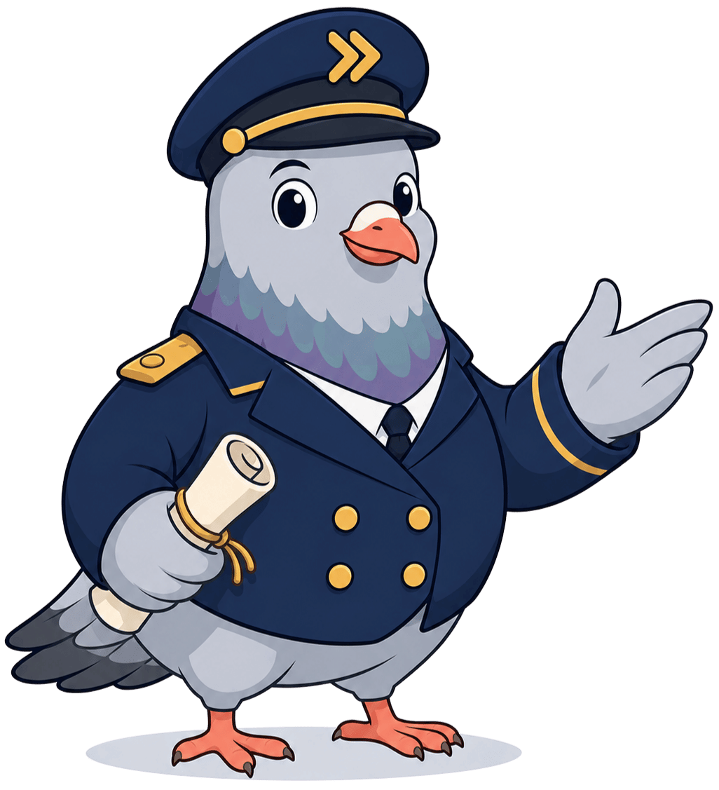 The SendCommander mascot, a carrier pigeon in a commander's uniform holding a rolled dispatch