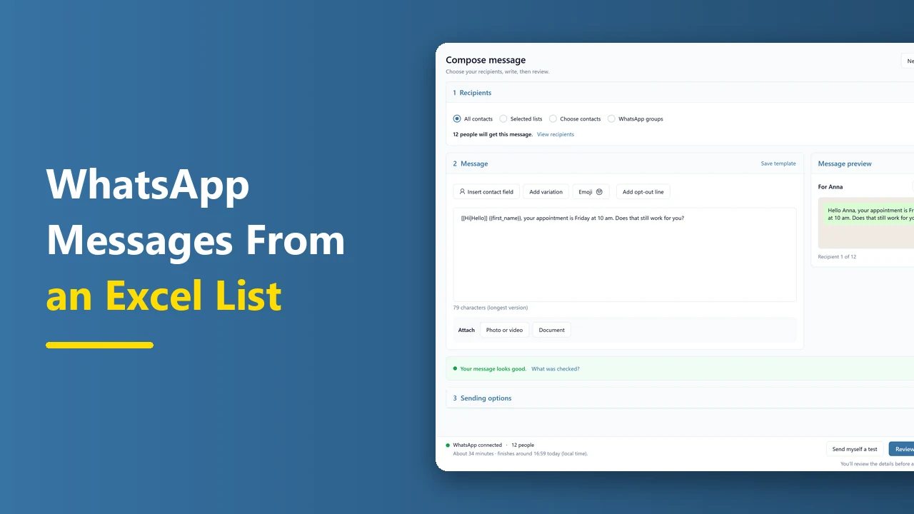 SendCommander Compose page personalizing WhatsApp messages from an Excel contact list