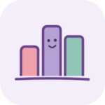 Purple outlined bar chart icon with three colored bars